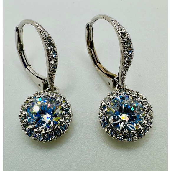 Nadri Jewelry - Nadri Round Cubic Zirconia Halo Leverback Drop Earrings Silver Tone with NWB
